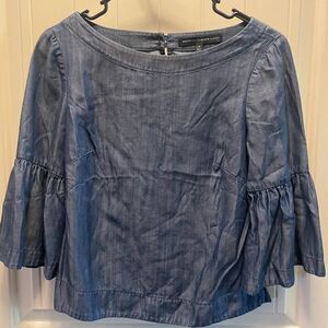 White House Black Market Womens 0 XS Blue Chambray Bell Sleeves Emma Blouse Top